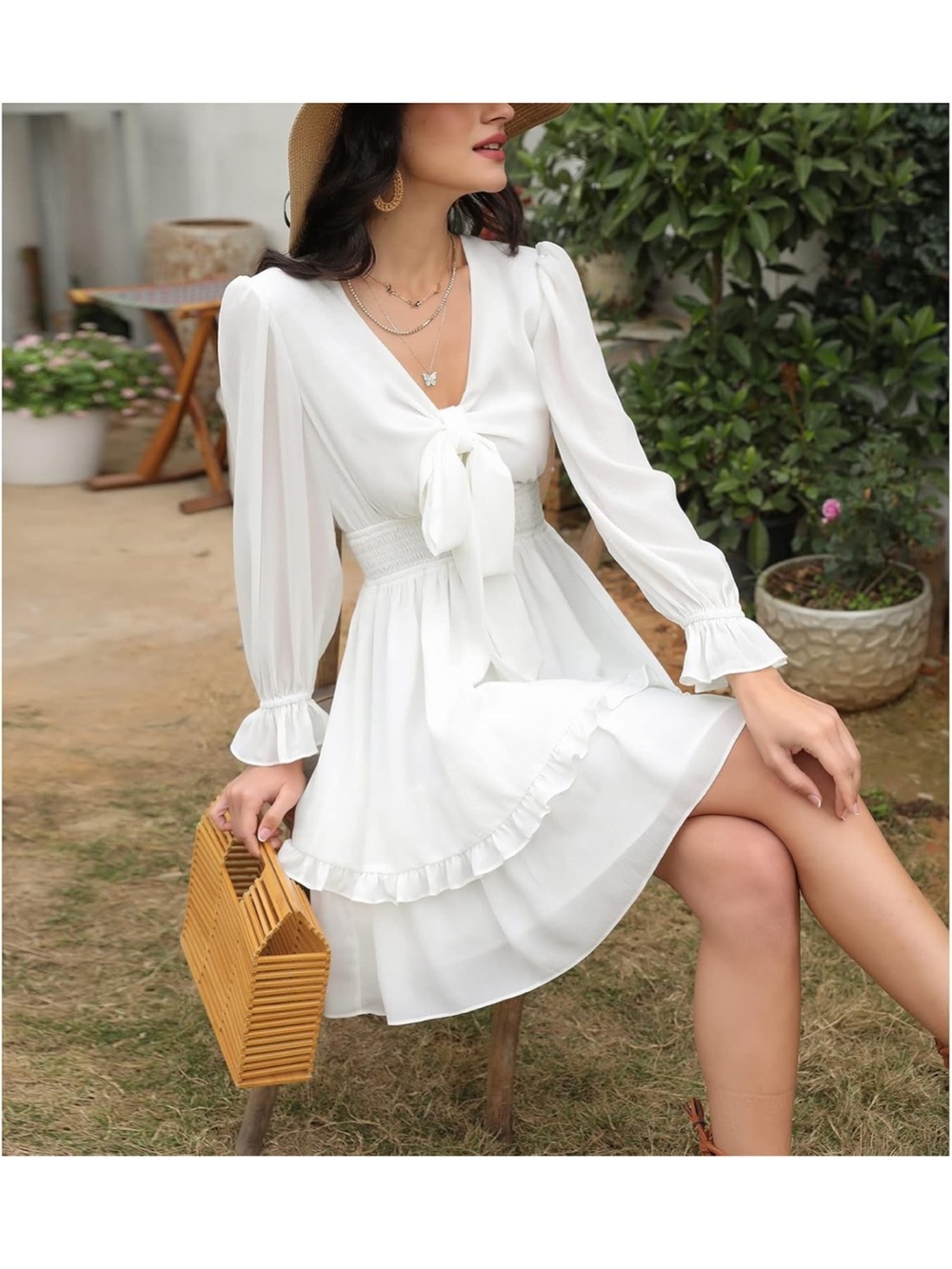 White Tie-Front Ruffle Mini Dress - Picture 4 of 5